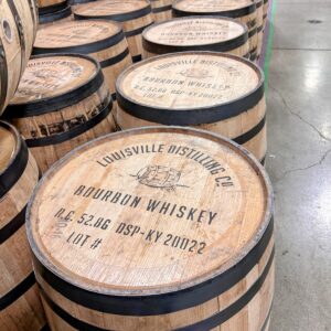 Barrels of bourbon whiskey at Angel Envy distillery in Louisville, KY